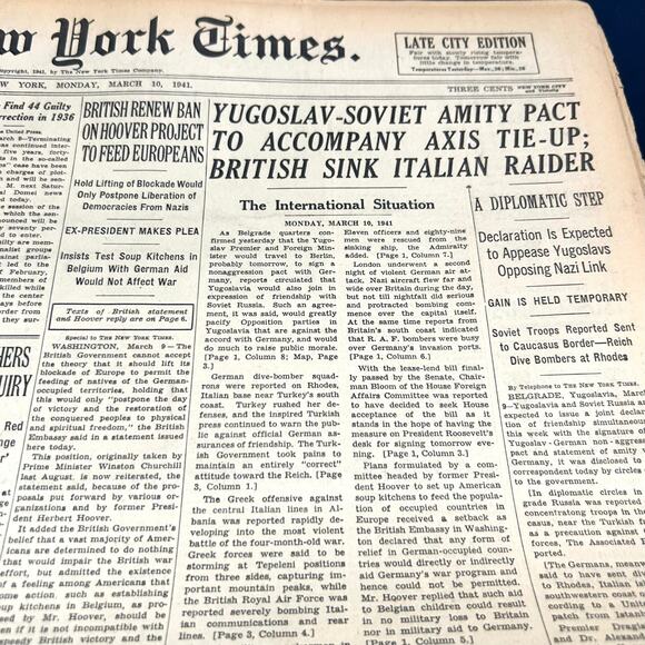 Vintage March 10, 1941 New York Times Newspaper WWII Era Collectible Certificate - Picture 10 of 16